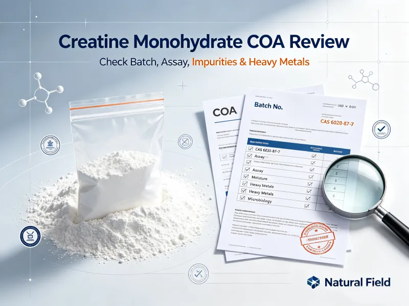 Que doivent vérifier les acheteurs sur un certificat d'analyse de créatine monohydrate avant de passer une commande en gros ?